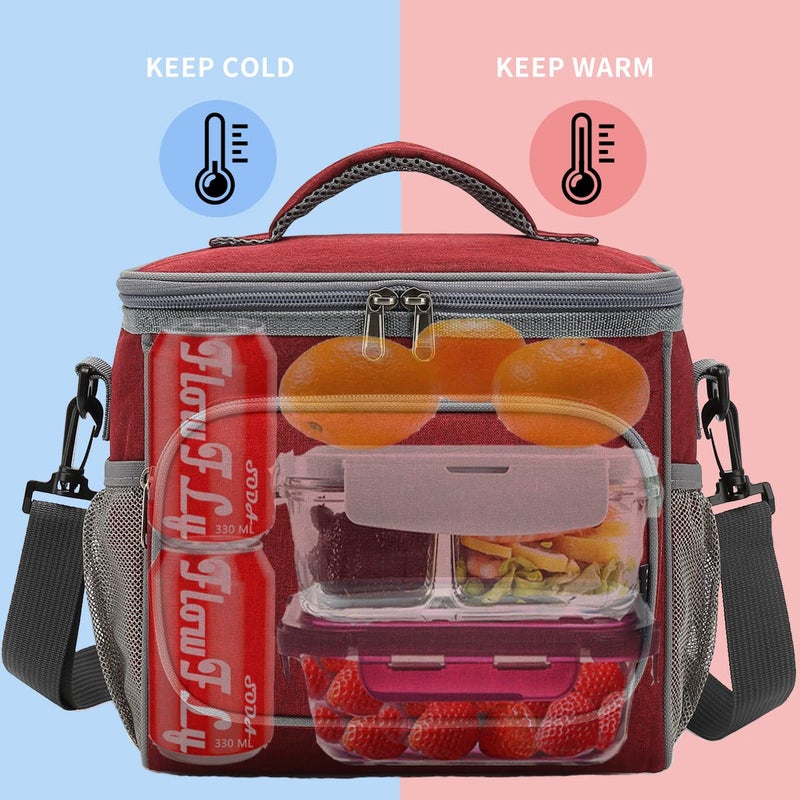 FlowFly Insulated Reusable Lunch Bag Adult Large Lunch Box for Women and Men with Adjustable Shoulder Strap,Front Zipper Pocket and Dual Large Mesh Side Pockets,Red - Image 2